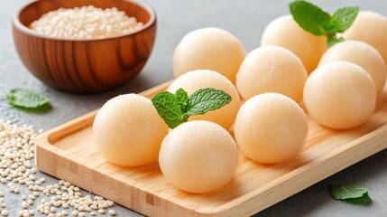 Sweet glutinous rice balls arranged on a bamboo tray