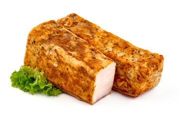 Smoked Pork Lard With Spices, isolated on White Background