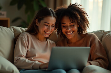 Two friends sitting on a couch, focused on a laptop screen