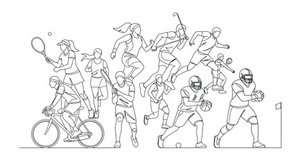 Naklejka premium Various athletes performing different sports activities in line art style 