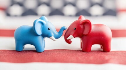 Democratic and republican party elephants facing each other on flag