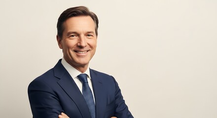 A confident business person in a suit, radiating warmth and success. A striking portrait captures professionalism and approachability.