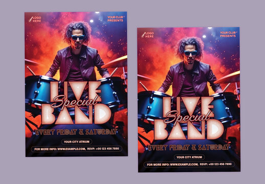 Live Special Band Social Media Post or Flyer with Male Drummer Photo for Weekend Music Event, Editable Design. Musical Night Party, Club Party or Musical Event Advertisement. 