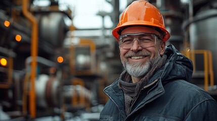 Smiling worker stands in front of a large industrial complex