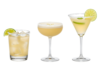 Three colorful cocktails in different glasses on a white or transparent background, showcasing various garnishes and drink styles.