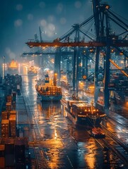 On the dock, cranes are busily loading and unloading cargo