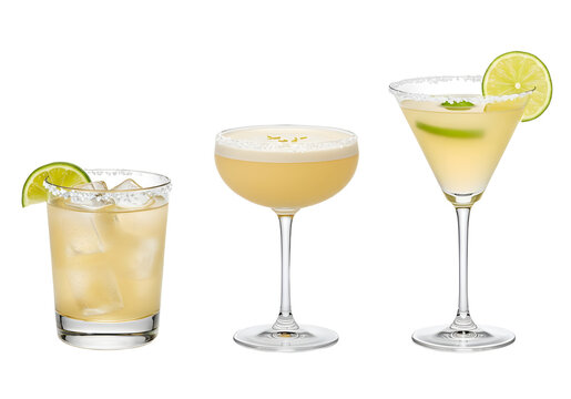 Three colorful cocktails in different glasses on a white or transparent background, showcasing various garnishes and drink styles.