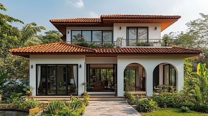 Stunning modern two-story house featuring a beautiful terra cotta roof, arched doorways, and lush landscaping, a scenic escape.