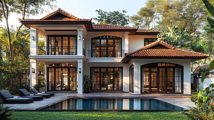Fototapeta premium Luxury villa with a private pool invites tranquility. The fusion of modern design and serene nature creates an unforgettable retreat.