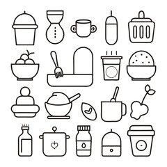 Obraz premium Baby Feeding and Kitchen Items Line Icon Set – Bottles, Spoons, Cups, Bowls, and Baby Mealtime Essentials