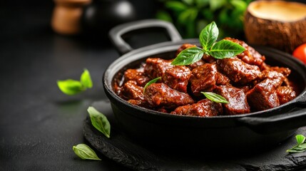 Delicious looking beef stew garnished with basil is presented beautifully
