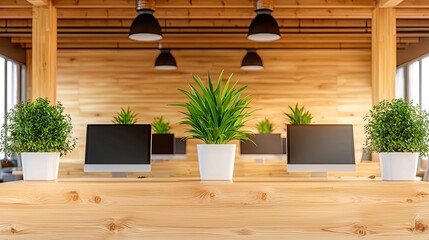 Modern office space featuring wood paneling and potted plants