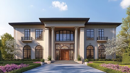 Elegant facade of a stately home with symmetrical design, featuring grand columns, arched windows, and lush landscaping for luxurious living.