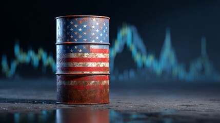 Rusted oil barrel with usa flag and economic graph, energy and economy concept
