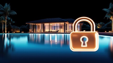 Illuminated padlock in front of a luxurious modern house