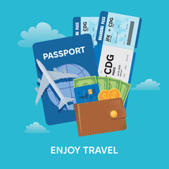 Travel concept illustration featuring essential travel items including a passport, boarding passes to Paris, airplane model, credit card, and wallet with cash and coins, set against a blue sky