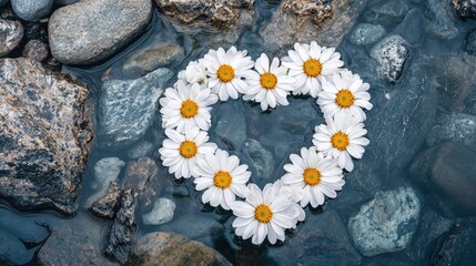 A serene and tranquil image depicting a heart shaped arrangement of delicate white daisies floating peacefully on the surface of a calm reflective body of water surrounded by rocks