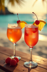 A pair of glasses filled with liquids on a wooden surface