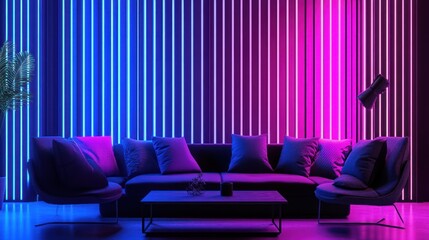 Neon-lit living room with a modern sofa and chairs.