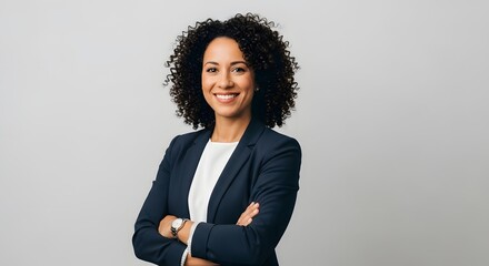 A confident, stylish businesswoman exudes professionalism. Captured in a photorealistic studio shot, she embodies success and ambition.