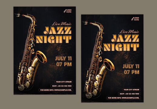 Live Music Jazz Night Show Social Media Post or Flyer with Saxophone in Black Color, Editable Design. Musical Night Party, Club Party or Musical Event Advertisement. 
