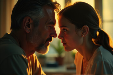 A man and a woman sharing an intimate moment, looking into each other's eyes