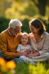 Fototapeta premium Older couple holding a baby, happy family moment