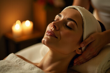 Fototapeta premium Woman relaxing with facial massage at spa, great for wellness and self-care images