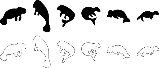 Manatee silhouette set, black hand drawn flat vector illustration of a Manatee, Manatee outline logo, marine life