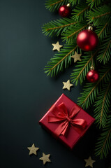 A beautifully decorated red gift box with a red bow and star ornaments, perfect for holidays or special occasions