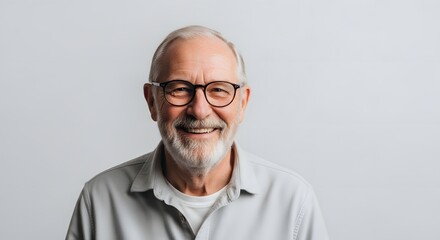 A heartwarming portrait of a senior man, his eyes twinkling with joy behind glasses, a soft smile gracing his lips. A picture of a kind, experienced gentleman.