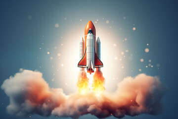 Obraz premium Retro spaceship soars with fire and smoke