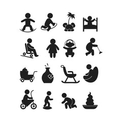 Toddler and Baby Activity Icons – Walking, Playing, Sleeping, Feeding – Child Development Vector Silhouettes