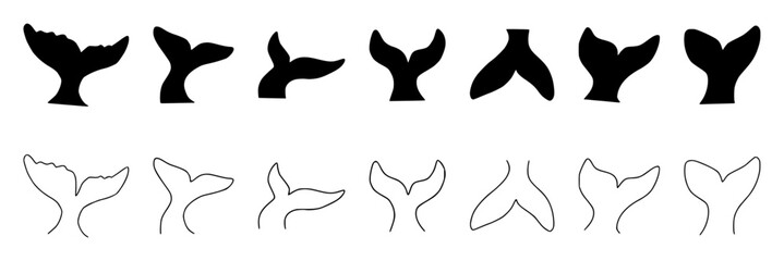 Whale tail silhouette isolated, Black shark tails graphic icon. Sea life symbol. Logo outline. Vector illustration © Hamna
