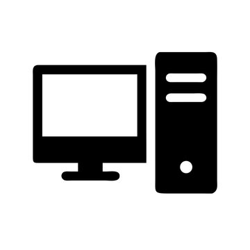 Black vector symbol of desktop computer with monitor representing hardware workstation technology and digital access
