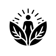 Stylized female figure with energy aura in minimalist black and white representing vitality and nature connection with copy space