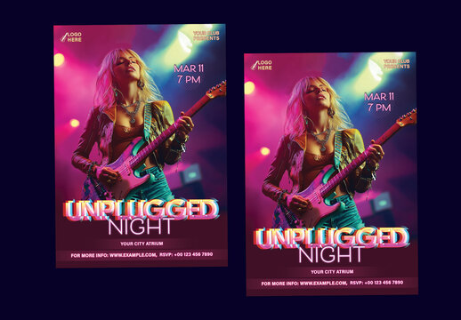 Unplugged Night Party Social Media Post or Flyer with Blonde Female Guitarist Ready to Perform, Editable Design. Musical Night Party, Club Party or Musical Event Advertisement. 