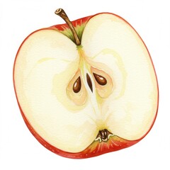 A vibrant watercolor painting shows the bisected view of ripe, red apple, its seeds and crisp flesh beautifully  against clean white background.