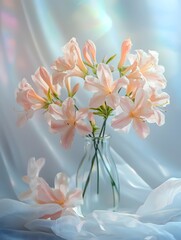 A few honeysuckle flowers are arranged in a vase, their petals delicate and light