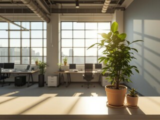 Fototapeta premium Modern Office Workspace with Sunlight and Greenery