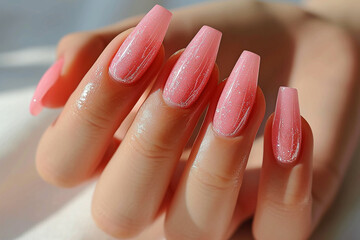 Hand with pink nails mockup. Manicure closeup. Woman pink nails close-up. Nail care in beauty salon. Spa healthy treatments for female hands. Fashion bright summer trendy manicure.