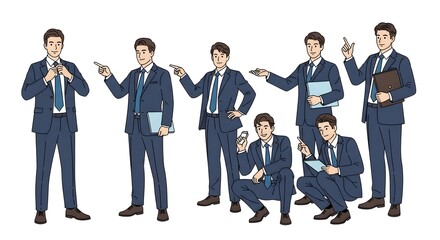 A confident business character strikes various poses, embodying professional success in modern illustration style.