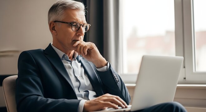 An experienced professional engrossed in his work on a laptop, bathed in soft natural light, reflecting a state of thoughtfulness and productivity.
