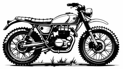 Obraz premium Black and white sketch of a vintage offroad dirt bike motorcycle side view with knobby tires and detailed engine