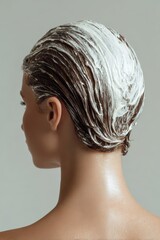 Rear view of a woman with short slicked-back wet hair covered in thick white conditioner. Glossy texture, smooth skin, minimal background, beauty editorial look.