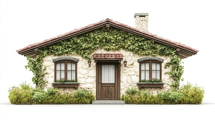 Charming stone cottage, ivy-covered walls, red-tiled roof, brown wooden door and windows, small flowerbeds, isolated on white background