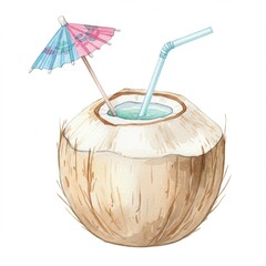 A watercolor illustration shows refreshing young coconut drink, complete with bendy blue straw and delightful pink-and-blue paper umbrella, set against stark white backdrop.summer mood