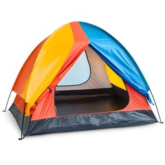 A colorful camping tent with orange yellow red and blue panels isolated on a white background outdoors