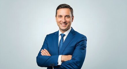 A confident and charismatic businessman, elegantly attired in a tailored blue suit, stands with arms crossed, exuding an aura of professionalism and success, ready to inspire and lead.