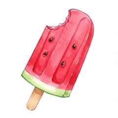 A watercolor painting displays watermelon flavored popsicle, with bite taken from the top, featuring seeds and green rind at bottom against white background.summer mood